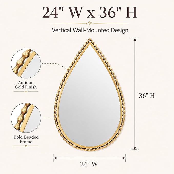 24" x 36" Teardrop Wall Mirror, Antique Gold Bold Beaded Frame | Unique vintage-style ornate decorative mirror for bathroom, bedroom, living room, hallway, entryway, vertical wall hanging.