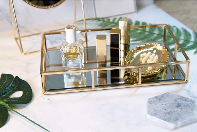PuTwo Tray Mirror, Gold Dresser Ornate Tray Metal Decorative Tray Jewelry Perfume Organizer Makeup Tray for Vanity, Dresser, Bathroom, Bedroom