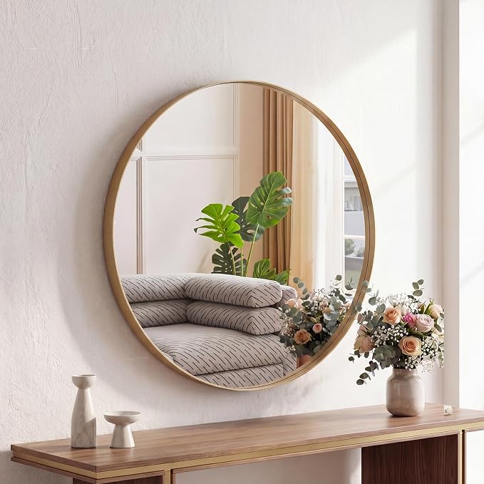 NEWBULIG 24-Inch Round Wall Mirror, Bathroom Wall Circle Mirror | Metal Frame, Bathroom Decor for Entryway, Living Room, Vanity, Gold