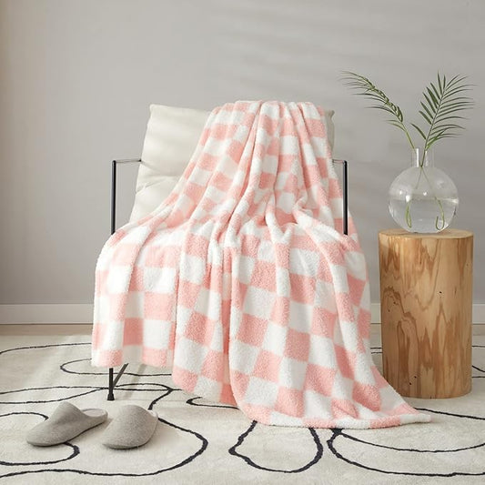 MERRYLIFE Checkered Plaid Sherpa Throw Blanket for Couch Bed Pink 60" 70" | Microfiber fabric, Decorative, Knitted, Checkerboard Grid Pattern, Ultra-Plush Soft, Fuzzy Cozy, Gift Choice, Machine Wash