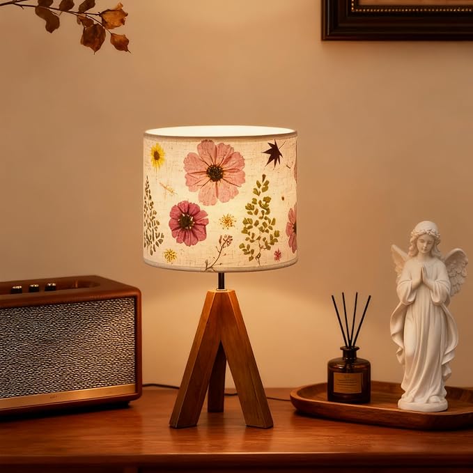 Dried Flowers Tripod Table Lamp 14.96in, 9W LED Dimmable Cute Bedside Lamp with Flowers Linen Lampshade for Nursery, Bedroom, Kid Room, Living Room, Light Brown Wooden Base