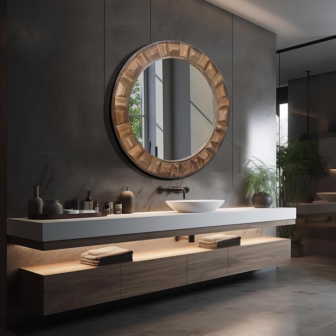 30 Inch Dark Solid Wood Round Wall Mirror | Brown Wooden Decorative Circle Mirror for Bathroom, Bedroom, Living Room, Entryway, Hallway, or Foyer