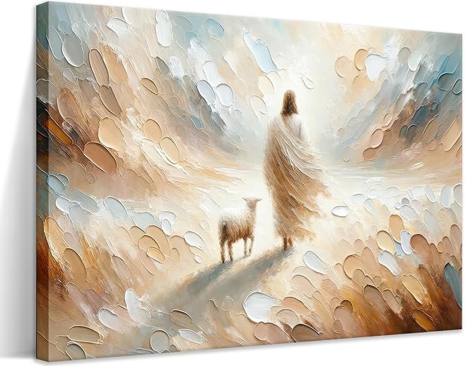 Jesus Leaves the 99 Sheep Canvas Wall Art, Christian Jesus Lamb Wall Decor Painting, The Lost Sheep Bible of Parable Posters Prints for Living & Prayer Room Church Home Decor 16x24 In Framed