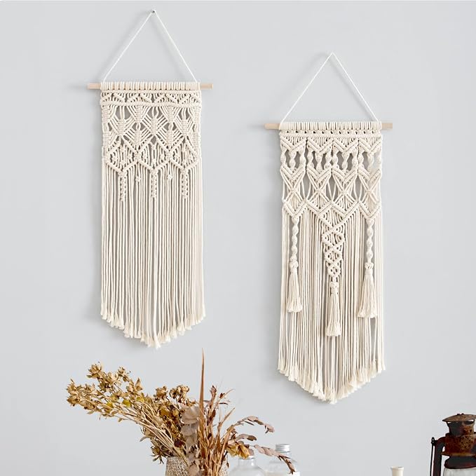 Mkono 2 Pcs Macrame Wall Hanging, Boho Woven Chic Tapestry Decor, Ivory