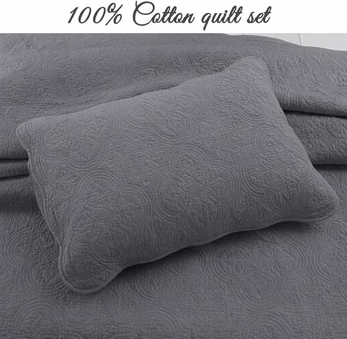 Cozy Line Home Fashions 100% Cotton Quilt Set, Grey, King, 3-Piece | Solid Textured Quilted Bedspread with Shams, Lightweight, All Season, Modern Bedding