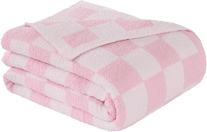 Checkered Throw Blanket for Couch, Soft Cozy Warm Knitted Blankets | Lightweight Fuzzy Travel Warm Decor for Women, Mom, Girls, Sofa, Chair, 50x70in, Pink