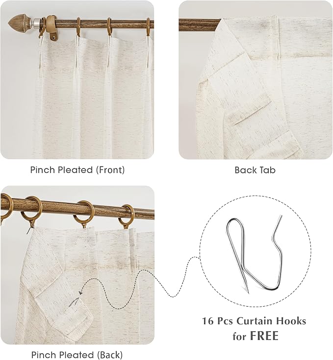 FMFUNCTEX Beige Linen Pinch Pleated Sheer Curtains, 96 Inches, 2 Panels | Natural Semi Sheer Drapes, Flax Linen, Rod Pocket, Light Filtering, Farmhouse French, Kitchen, Privacy, for Living Room