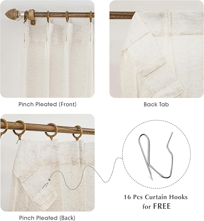 FMFUNCTEX Beige Linen Pinch Pleated Sheer Curtains, 90 Inches, 2 Panels | Natural Semi Sheer Drapes, Flax Linen, Rod Pocket, Light Filtering, Farmhouse French, Kitchen, Privacy, for Living Room