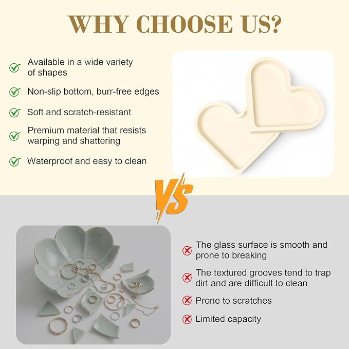 2 Pack Heart Shape Silicone Jewelry Tray, Soft Shatterproof Ring Dish, Small Trinket Tray for Necklace Earrings Keys, Cute Vanity Organizer, Home Decor Gift for Mom Sister Daughter Girlfriend, Beige