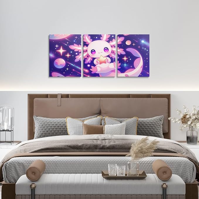 Feelyou Kids Cute Axolotl Picture Wall Decor Galaxy Planet Space Canvas Wall Art for Living Room Bedroom Cartoon Animal Wall Painting Boys Girls Dreamy Starry Teens Bathroom Wall Art 12"x16"x 3Pcs