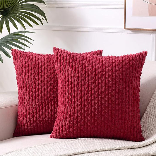Fancy Homi 2 Packs Burgundy Decorative Throw Pillow Covers 16x16 Inch for Couch Bed Sofa, Modern Farmhouse Boho Home Decor, Soft Cute Plush Corduroy Striped Wine Red Cushion Case 40x40 CM