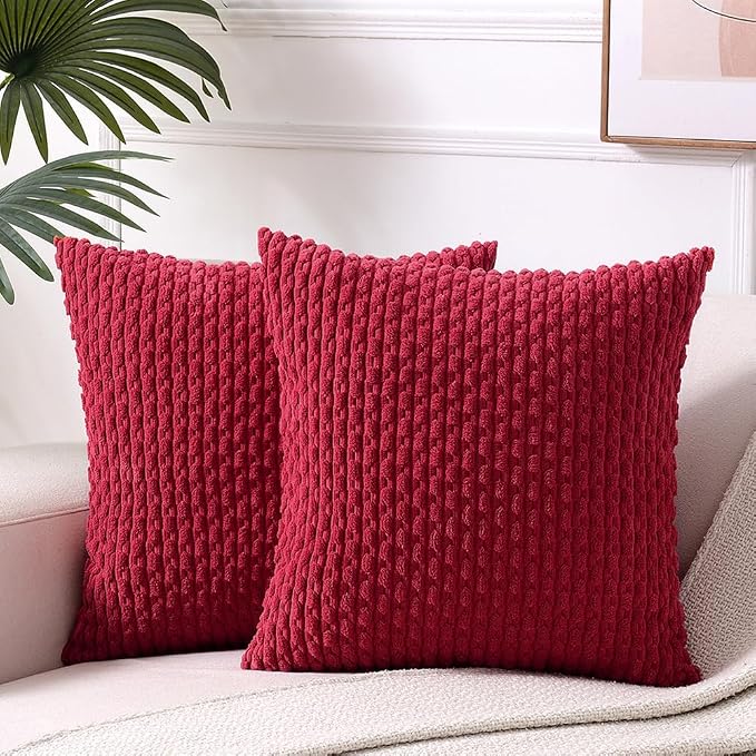 Fancy Homi 2 Packs Burgundy Decorative Throw Pillow Covers 20x20 Inch for Couch Bed Sofa, Modern Farmhouse Boho Home Decor, Soft Cute Plush Corduroy Wine Red Striped Cushion Case 50x50 CM