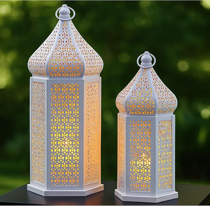 VELA LANTERNS Large Temple Tower Moroccan Lantern Lamp Decorative Candle Holders for Ramadan Decorations, Hanging, Outdoor Patio or Porch, Indoor Home Decor, Weddings, White, Set of 2