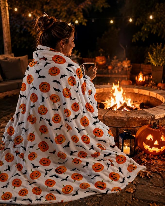 Serafina Home Halloween Fleece Throw Blanket: Happy Jack O'Lantern Pumpkins and Black Bat Design on Soft Velvety Blanket for Sofa Bed Couch Chair Dorm, 50" x 60"
