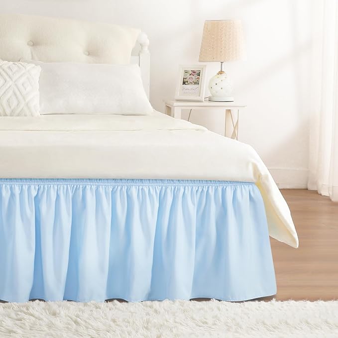 Light Blue Bed Skirt Queen Size 18" Drop, Elastic Wrap Around Bedskirt | Solid Ruffled, Easy to Use, No Mattress Lifting, Wrinkle & Fade Resistant, with Adhesive Strips, Machine Wash/Dry/Iron