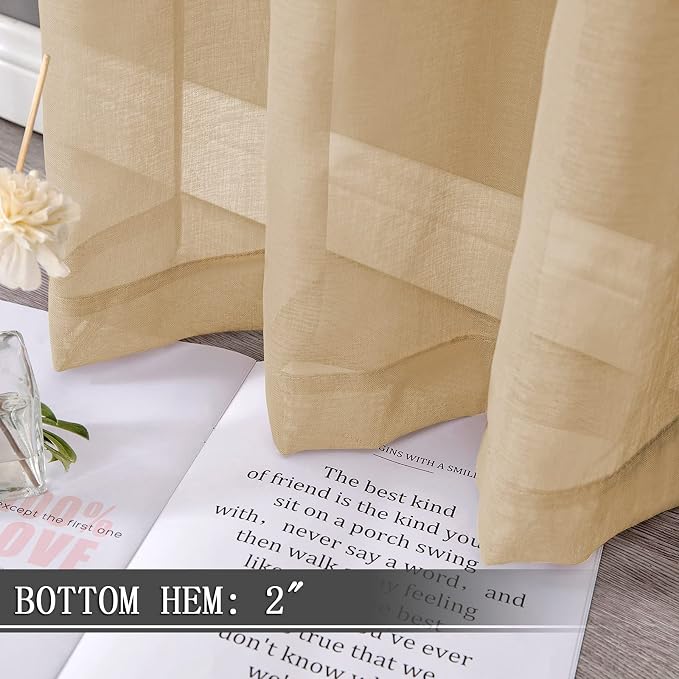 Tollpiz Short Sheer Curtains Linen Textured Living Room Curtain Sheers Light Filtering Rod Pocket Voile Curtains for Bedroom, 42 x 45 inches Long, Beige, Set of 2 Panels