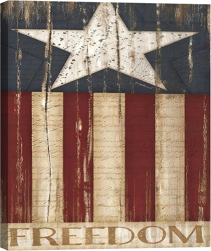 Rustic Patriotic Freedom Flag Canvas Art 24x36in, Vintage American Flag Wall Decor, 4th of July Independence Day Framed Prints, Artwork for Home, Kitchen & Office, Made in USA