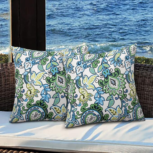 Magpie Fabrics Pack of 2 Outdoor Waterproof Throw Pillow Covers 18 x 18 Inch, Christmas Decorative Cushion Sham Pillowcase Shell for Garden Patio Tent Balcony Couch Sofa(Floral Blue Green)
