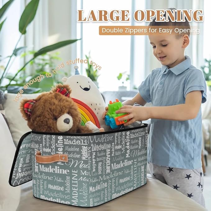 Personalized Name Storage Basket, Custom Keepsake Box, Grey Green