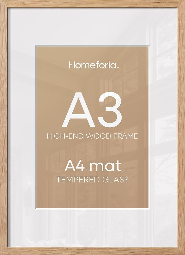 Homeforia A3 Natural Oak Picture Frame, High-End Wood, A4 Mat, Glass