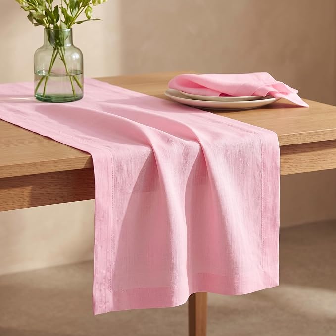 Solino Home 100% Pure Linen Table Runner Pink Lemonade, Fete 14 x 48 in | dresses up dining tables for everyday meals, European flax fibres, a thoughtful housewarming gift, soft, OEKO-TEX Certified