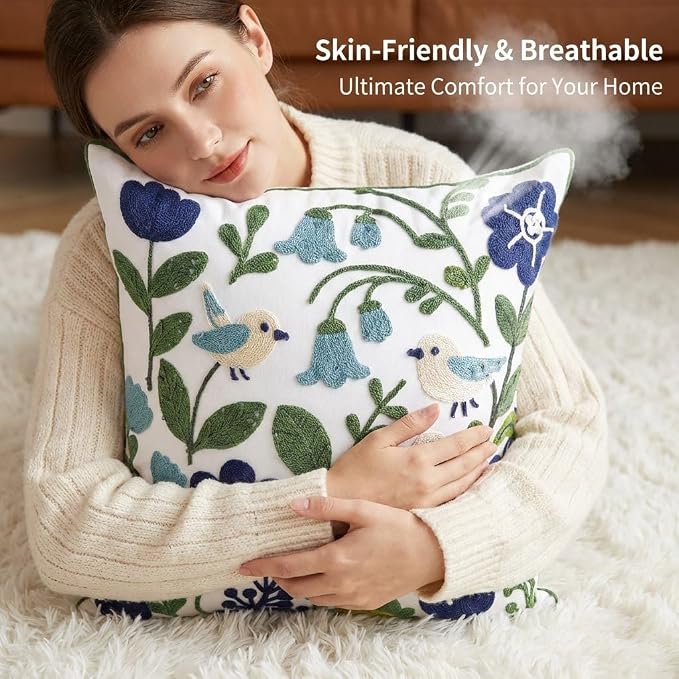 YIcabinet Pack of 2 Throw Pillow Covers, Embroidered Bird Flowers Pattern Throw Pillow Cover,Square Cotton Cushion,Pillow Case for Sofa Bedroom Couch,18"x18"