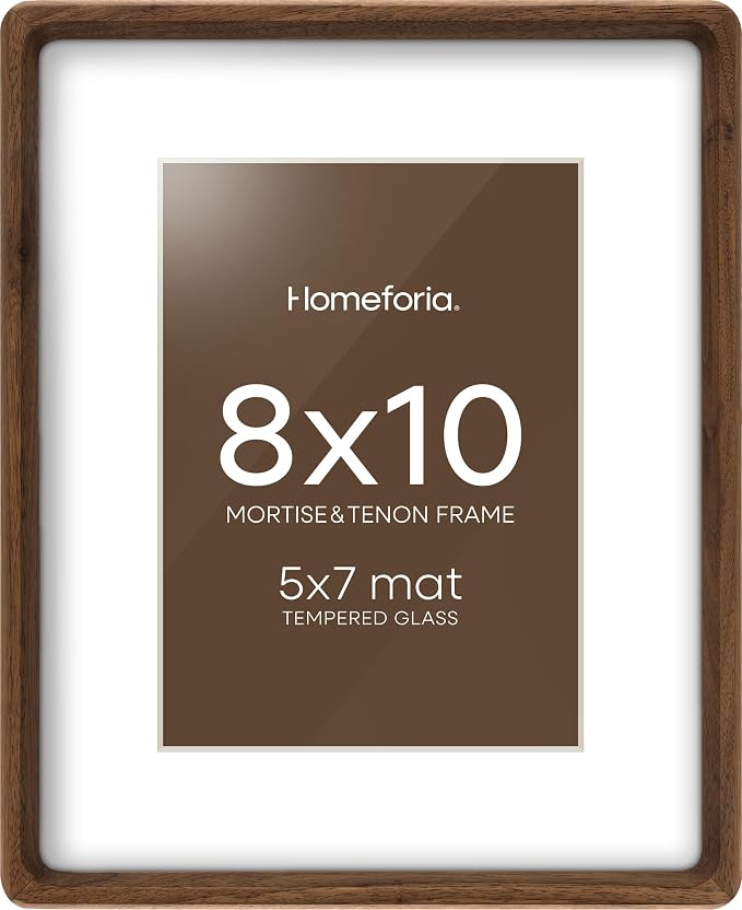 Homeforia 8x10 Mortise&Tenon Walnut Picture Frame, 5x7 Mat, Glass