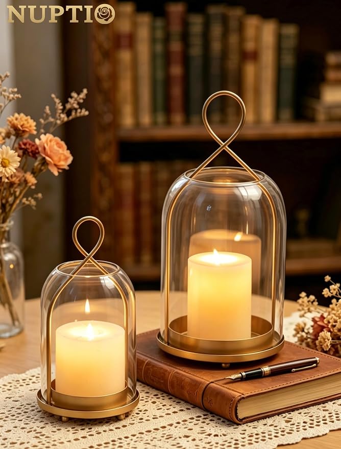 NUPTIO Glass Lanterns Decorative Outdoor, Gold Hurricane Candle Holders | Set of 2 Hanging Lantern for Pillar Candles, Table Centerpiece for Home Thanksgiving Christmas Party