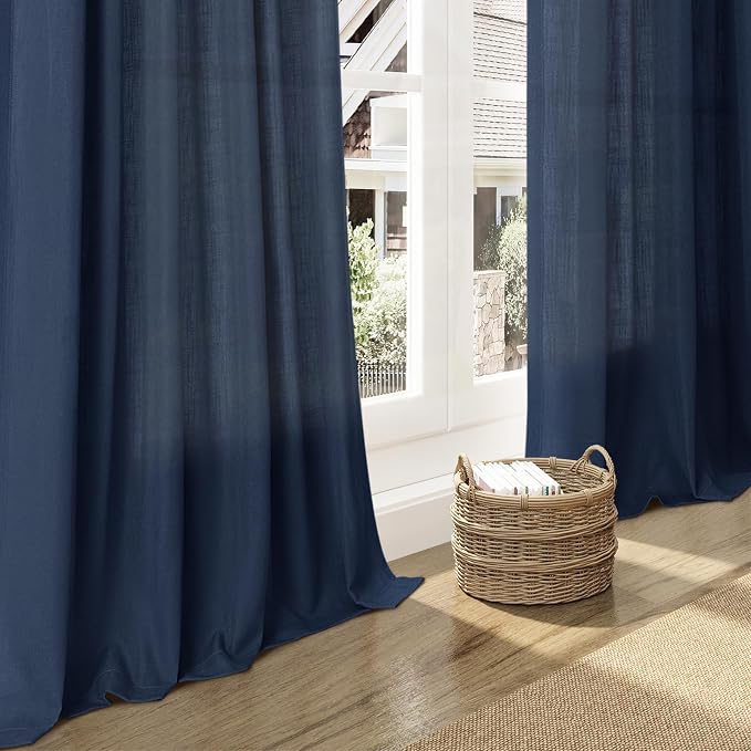 Denim Blue Linen Curtains 96 Inches Long 2 Panels Set for Living Room Rod Pocket Back Tab Semi Sheer Light Filtering Protect Privacy Denim Blue Curtain for Bedroom Floor Length 52x96