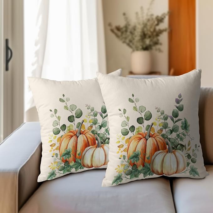 Fall Throw Pillow Cover 20x20 Inch Pack of 2 Autumn Watercolor Pumpkin Sage Green Leaf Outdoor Pillow Protector Thanksgiving Sofa Cotton Linen Square Pillow Set Farmhouse Pillowcases for Home Bed