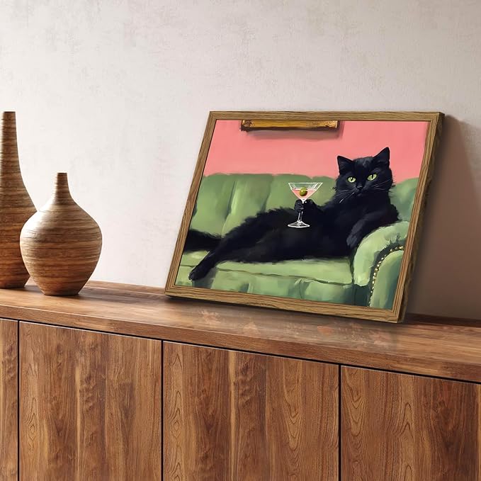 Funny Black Cat Martini Wall Art, Bar Cart Decor, Eclectic Cocktail Painting Canvas Print, Cute Animal Artwork Picture for Bedroom Living Room Kitchen 16x24 inch Wood Framed