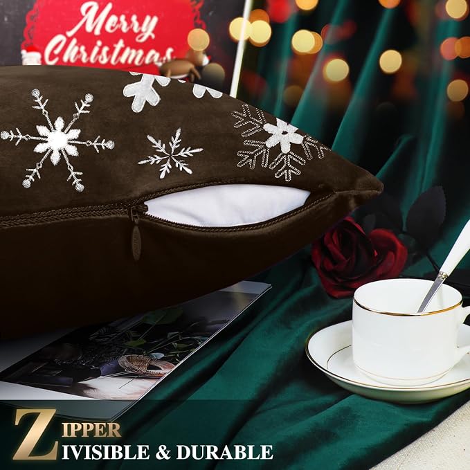 BRAWARM Christmas Pillow Cover 20 X 20 Inches, Coffee Snowflake Embroidered Pillow Cover, Soft Velvet Decorative Throw Pillow for Couch Bed Sofa Living Room Home