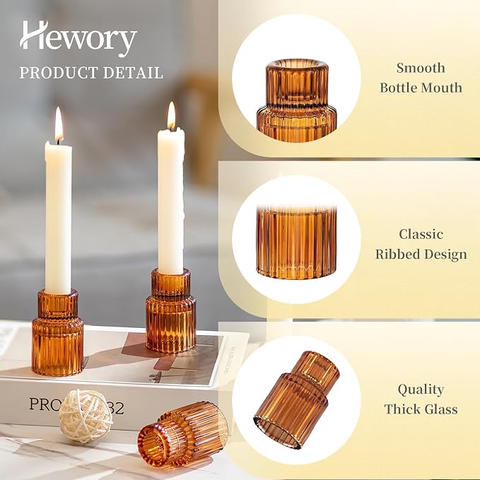Hewory Glass Candlestick Holders Bulk, 20PCS Amber Taper Candle Holders | For 0.86" Taper Candles, Ribbed, Vintage Candle Sticks Holder Decor, Wedding Table Centerpiece Fall Thanksgiving Home Decor