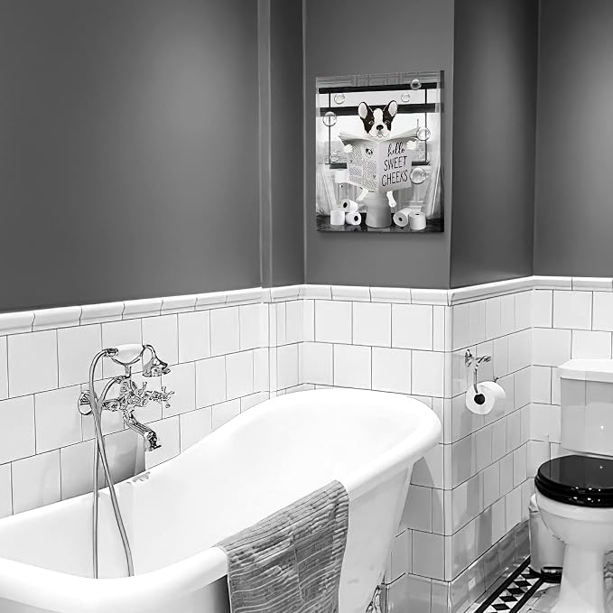 Parylore Funny Bulldog Wall Art Black and White Dog Bathroom Print Farmhouse Bathroom Animals Wall Decor Dog Sitting in Toilet Reading Newspaper Painting Framed Artwork for Toilet Bathroom 16x24 inch