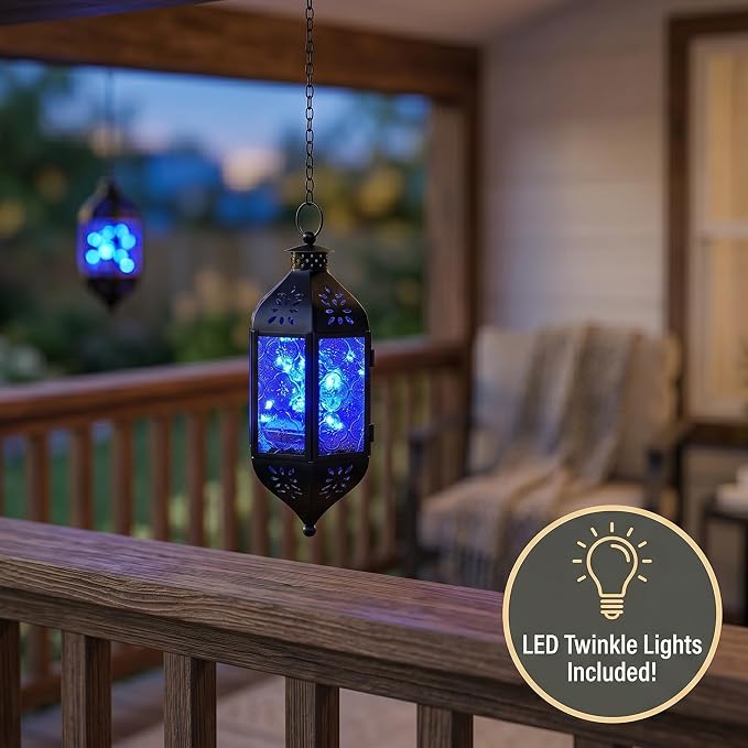 Vela Lanterns Hanging Moroccan Lantern with LED Twinkle Fairy Lights - Exotic Decorative Patio & Porch Decor, Indoor Outdoor Candle Lamp Holder with Chain (13" Large, Cobalt Blue Glass)