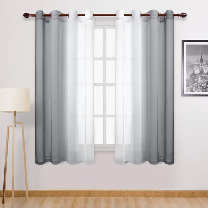 DWCN Grey Ombre Sheer Curtains - Faux Linen Gradient Grommet Top Semi Voile Bedroom and Living Room Curtains, Set of Window Curtain Drapes, 52 x 72 Inch Length