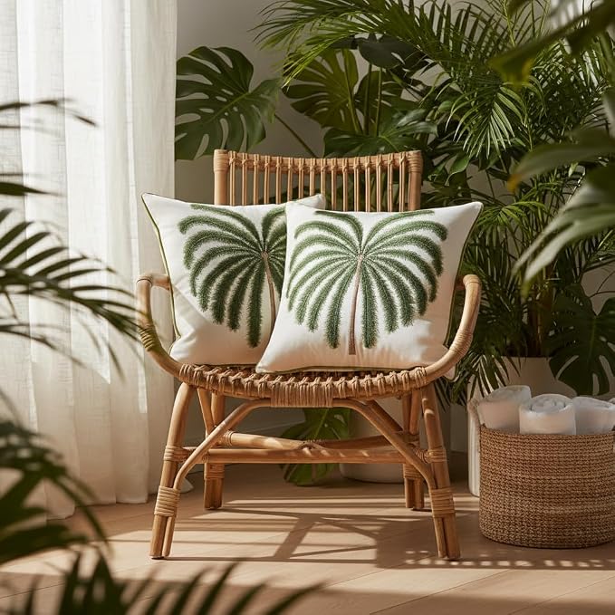 LUOYEHK Summer Embroidered Throw Pillow Covers 18x18 Inch Set of 2 Green Tropical Palm Tree Pillow Cover Spring Farmhouse Decorative Pillowcase Square Cushion Covers for Couch Sofa Bed Home Decor