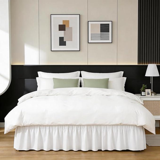 Warm White Bed Skirt Queen Size 25" Drop, Elastic Wrap Around Bedskirt | Solid Ruffled, Easy to Use, No Mattress Lifting, Wrinkle & Fade Resistant, with Adhesive Strips, Machine Wash/Dry/Iron