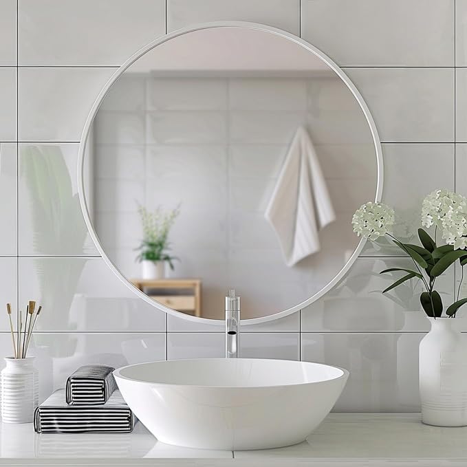 18 inch Round Mirror, Small Circle Mirror, Matte White Metal Frame | Durable, Rust-resistant, High Definition Mirror, Easy Installation, Suitable for Vanity, Nursery, Bedroom, Bathroom