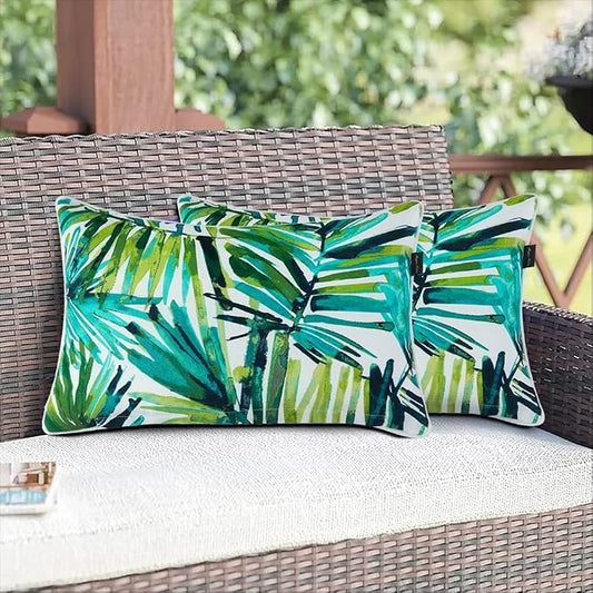Magpie Fabrics Patio Lumbar Pillow Covers ONLY 20"x12", Set of 2, Outdoor Indoor Cushion Cases Decorative Throw Rectangular Pillowcase Shell for Couch Garden - Green Palm Leaves