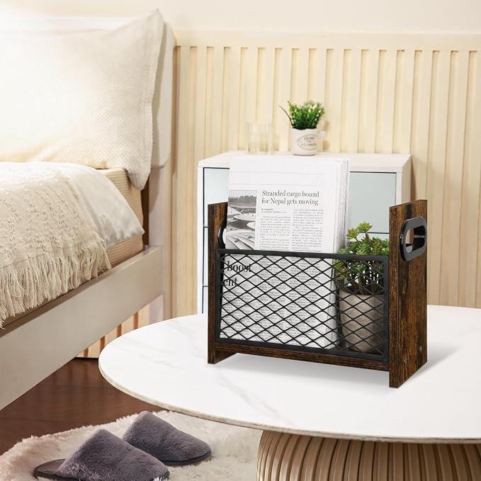 YINMIT Magazine Holder, Small Magazine Rack Floor or Desktop Storage Basket | Wood and Metal Construction, Retro Book Organizer, Compact Magazine File Holder for Desktop, Living Room, Office