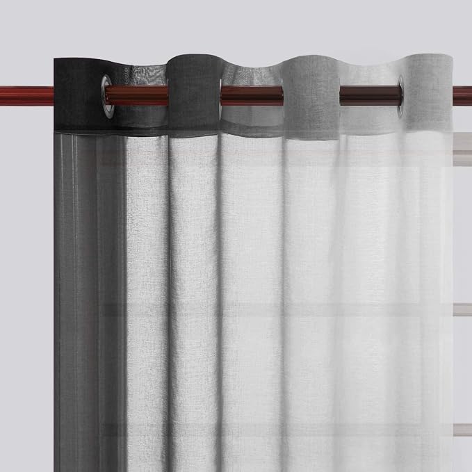 DWCN Black Ombre Faux Linen Sheer Curtains - Extra Long Gradient Semi Voile Light Filtering Grommet Top Bedroom and Living Room Curtains, 52 x 102 Inches Long, Set of 2 Window Curtain Panels