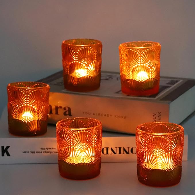 Woho 24pcs Amber Votive Candle Holder, Vintage Tealight Candle Holder Decor