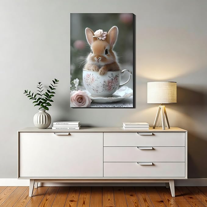 Bunny in a Teacup Easter Framed Canvas Wall Art, Cute Rabbit Pictures Prints for Kitchen, Bright Spring Canvas Art & Holiday Home Office Wall Decoration, Ready to Hang, 8x12