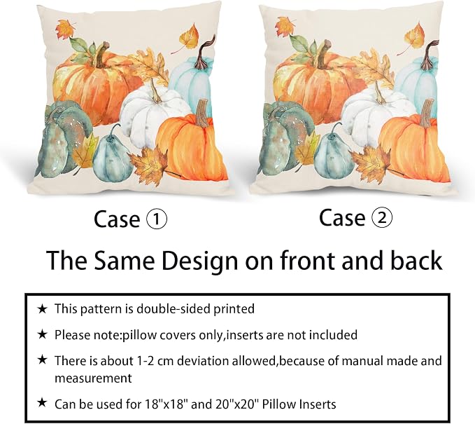 Kawani Fall Pillow Covers 24x24 Set of 2 Watercolor Pumpkin Maple Leaf Throw Pillow Covers Autumn Thanksgiving Farmhouse Outdoor Pillowcases Cotton Linen Cushion Covers for Couch Decor