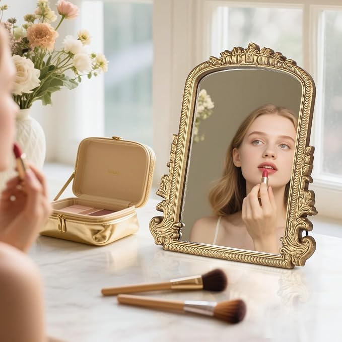 Vintage Vanity Mirror with Stand – 11.8"x9.6" Gold Tabletop Makeup Mirror, Arched Decorative Mirror with Carved Engineered Wood Frame for Bedroom, Dresser, Bathroom or Desk