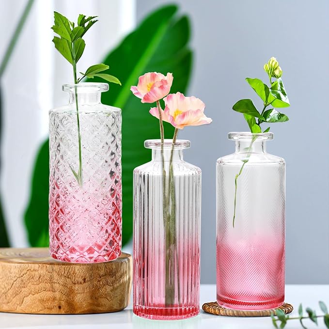 Pink Glass Bud Vase Set in Bulk, 9pcs Mini Vintage Flower Vases | Small Vases for Centerpieces,Pink Small Flower Vase ,Home Table,Flower Decor, Party Decorations,Wedding