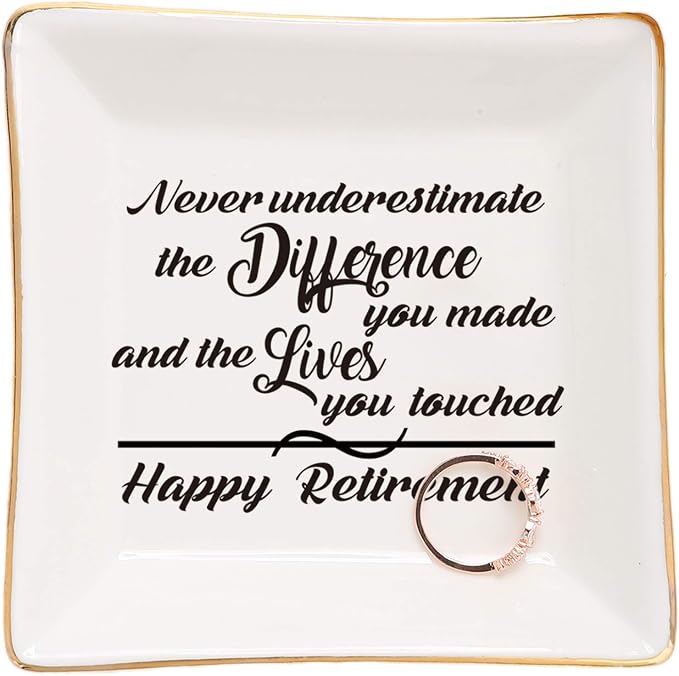 HOME SMILE Retirement Gifts for Women-Ceramic Ring Dish Jewelry Tray-Happy Retirement Appreciation Gift for Mom,Coworkers, Boss,Friends,Nurse,Teacher-Never Underestimate the Difference You Made