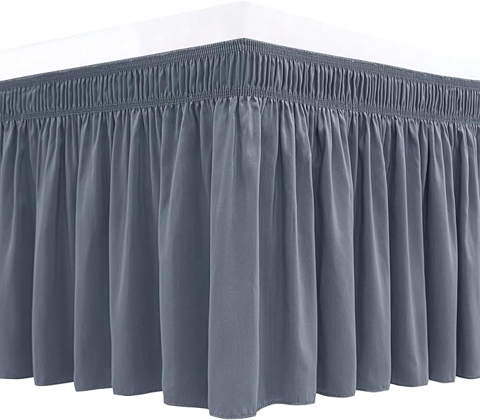 Wrap Around Queen Size Bed Skirt 15 Inch Drop-Elastic Dust Ruffle Dark Grey | Adjustable Pleated Bedskirt-Easy Fit Wrinkle Resistant Washable Hotel Quality Fabric Bed Skirting-Master Guest Bedroom Rental