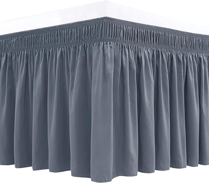 Wrap Around Bed Skirt King 21" Drop-Elastic Long Dust Ruffle Dark Grey | Adjustable Pleated Bedskirt-Easy Fit Wrinkle Resistant Washable Hotel Quality Fabric Bed Skirting-Master Guest Bedroom Rental